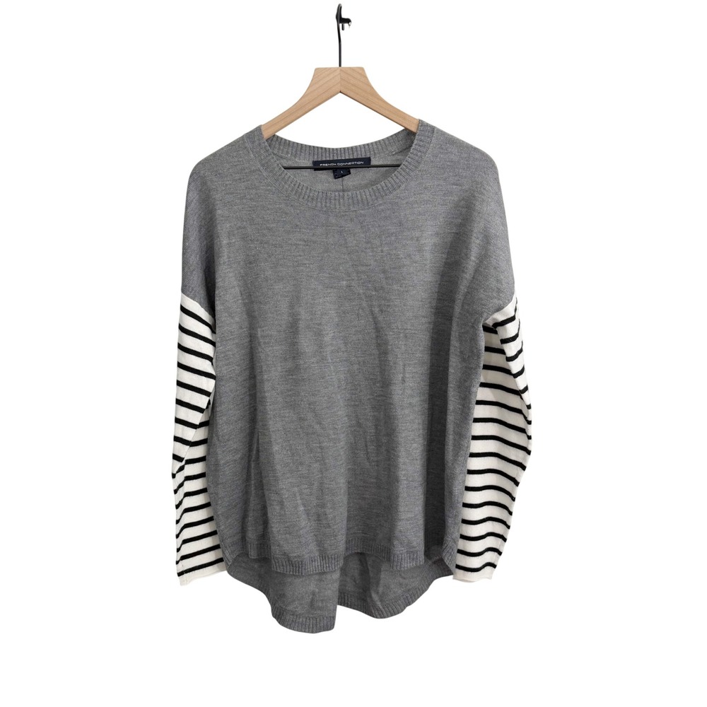 French Connection Striped Sweater Gray Large Preppy Coastal Academia French Girl